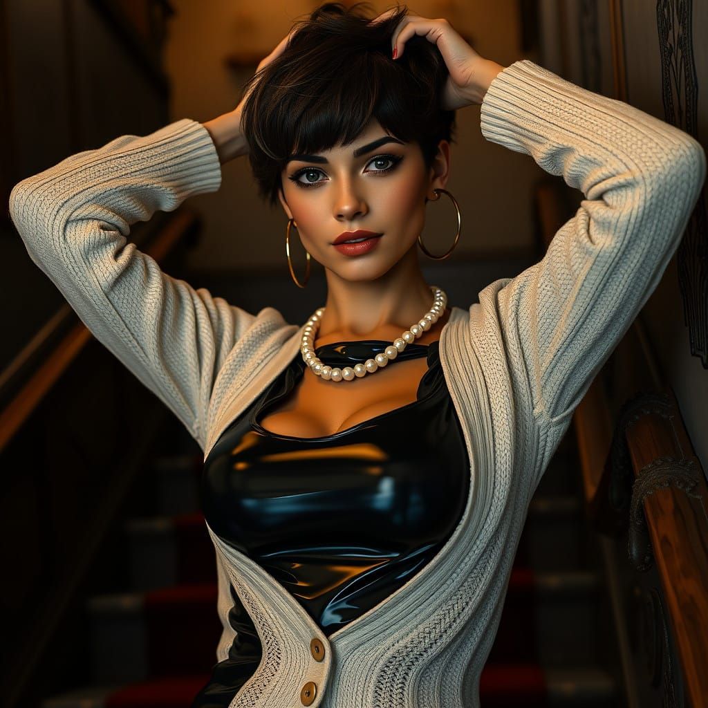 Elegant Brunette in High-Gloss PVC and Cable Knit