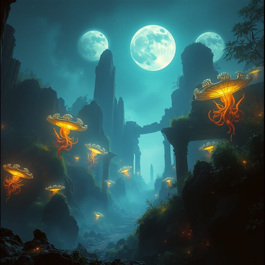 Ancient Alien Ruin in Bioluminescent Jungle Under Triple Moo...