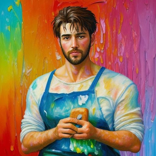Man Makes Sandwich: Neo-Impressionist Oil Painting