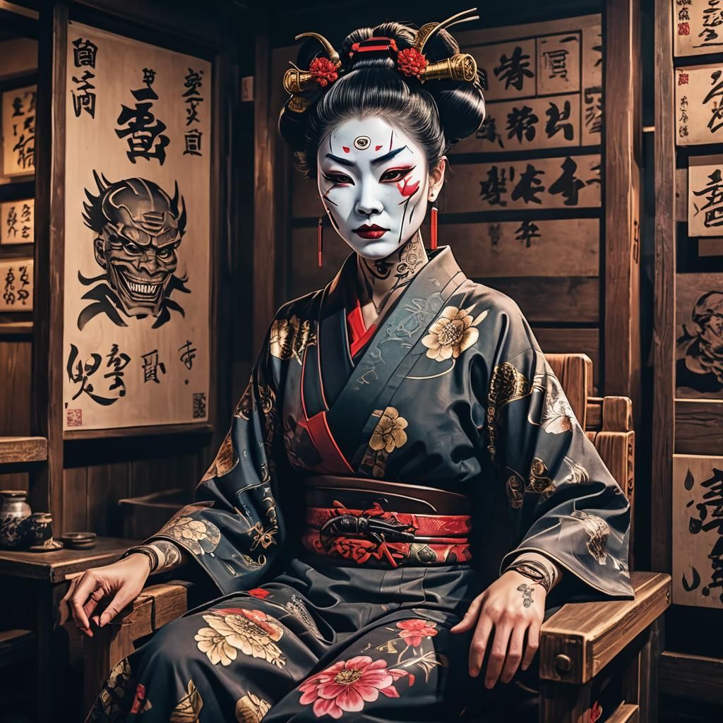 Geisha with Oni Mask in Cyberpunk City