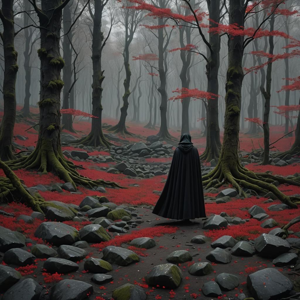 Motionless Cloaked Figure in Dark Red-Flowered Forest