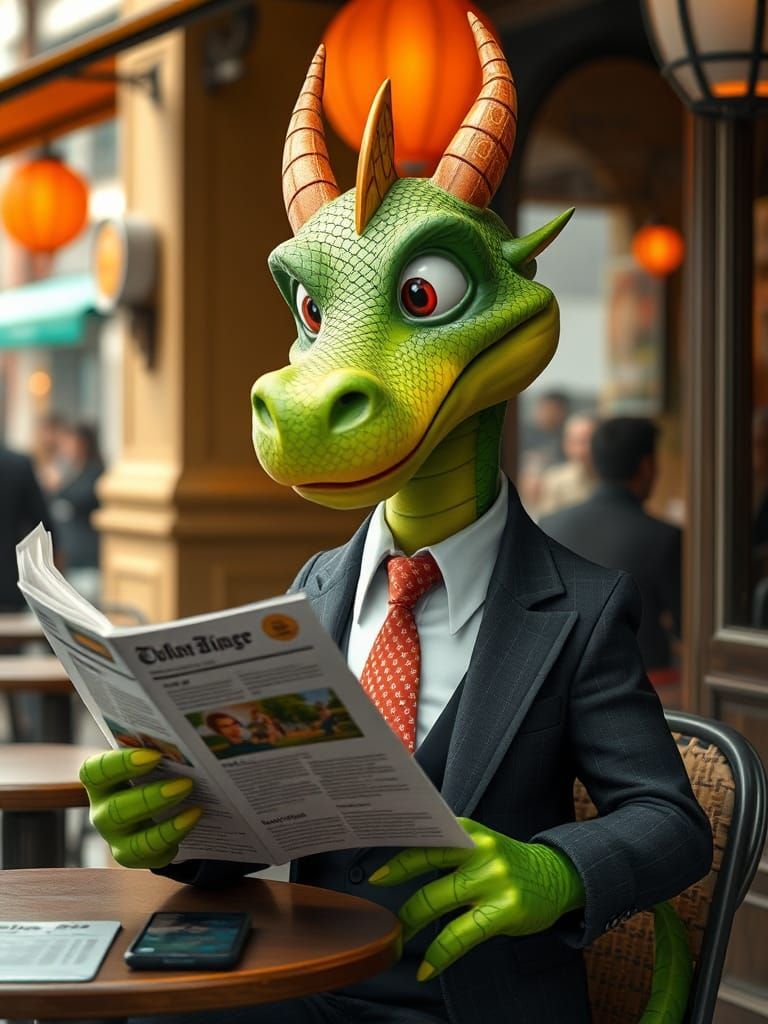 Green Dragon Businessman at Cafe in 3D