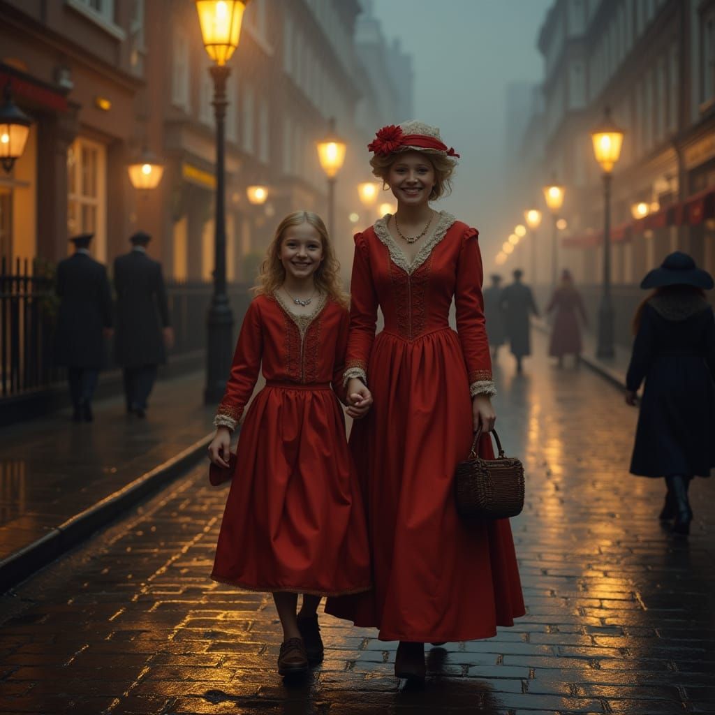 Victorian Mother and Daughter on Rainy London Street