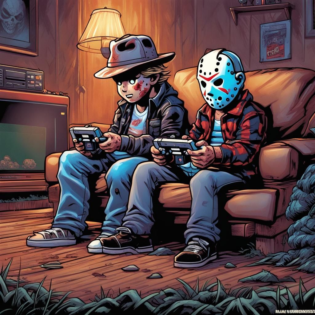 Jason and Freddy Playing Super Nintendo, Comic Book Art