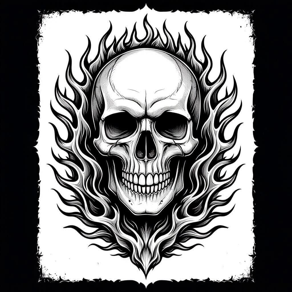 Realistic Flaming Skull Tattoo Design in Pencil Sketch Style