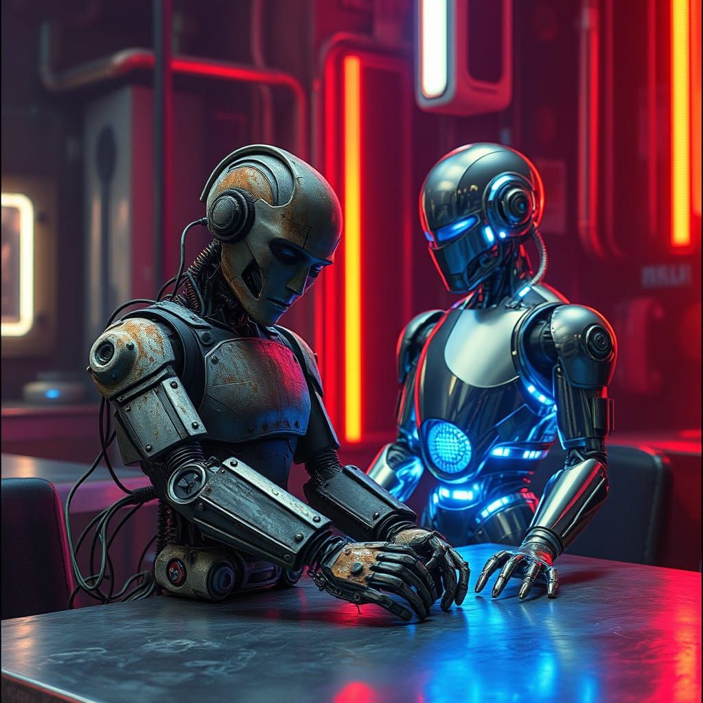 Cyberpunk Robot Dystopia in Vibrant Neon