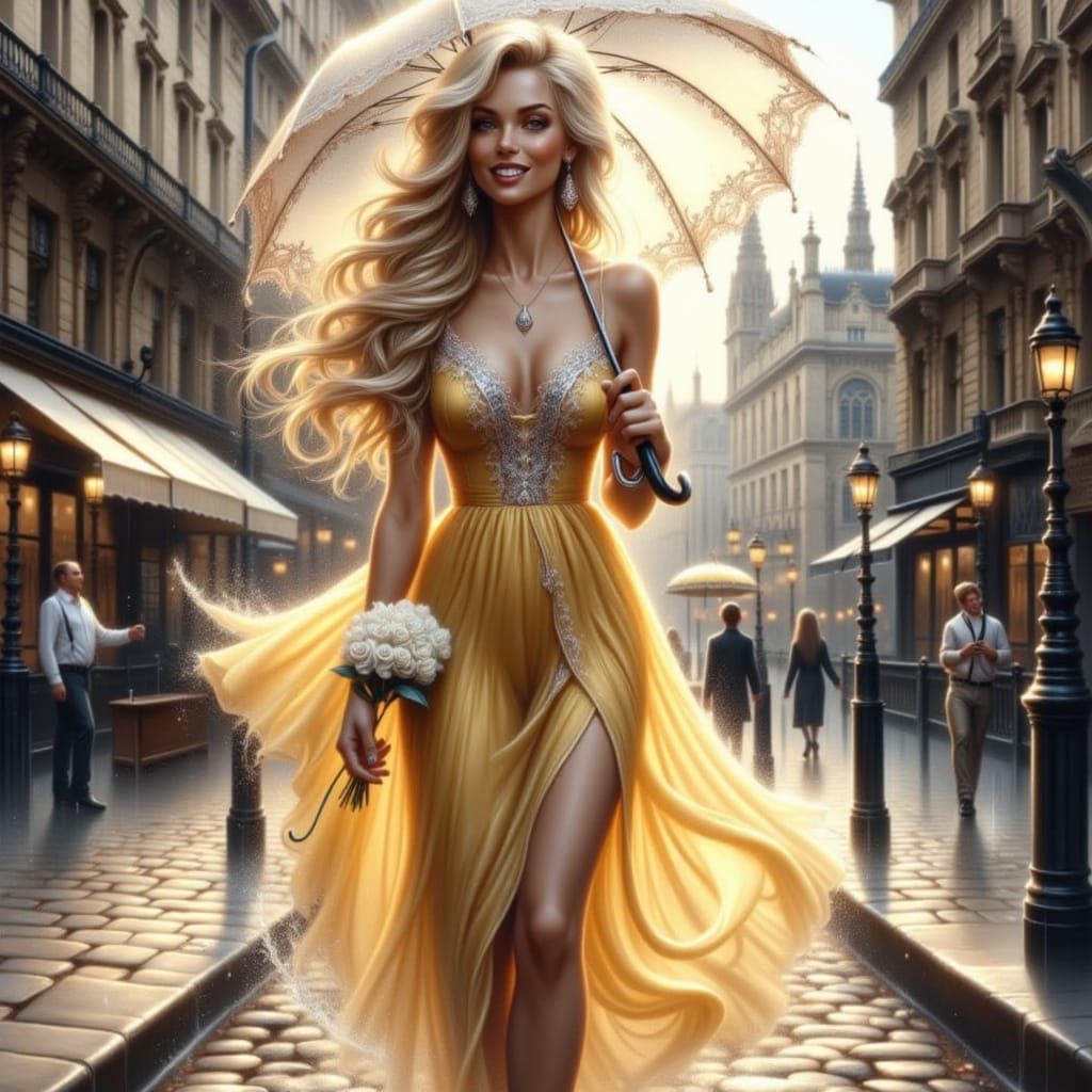 Surrealistic Oil Painting of a Serene Blonde Woman in a Yell...