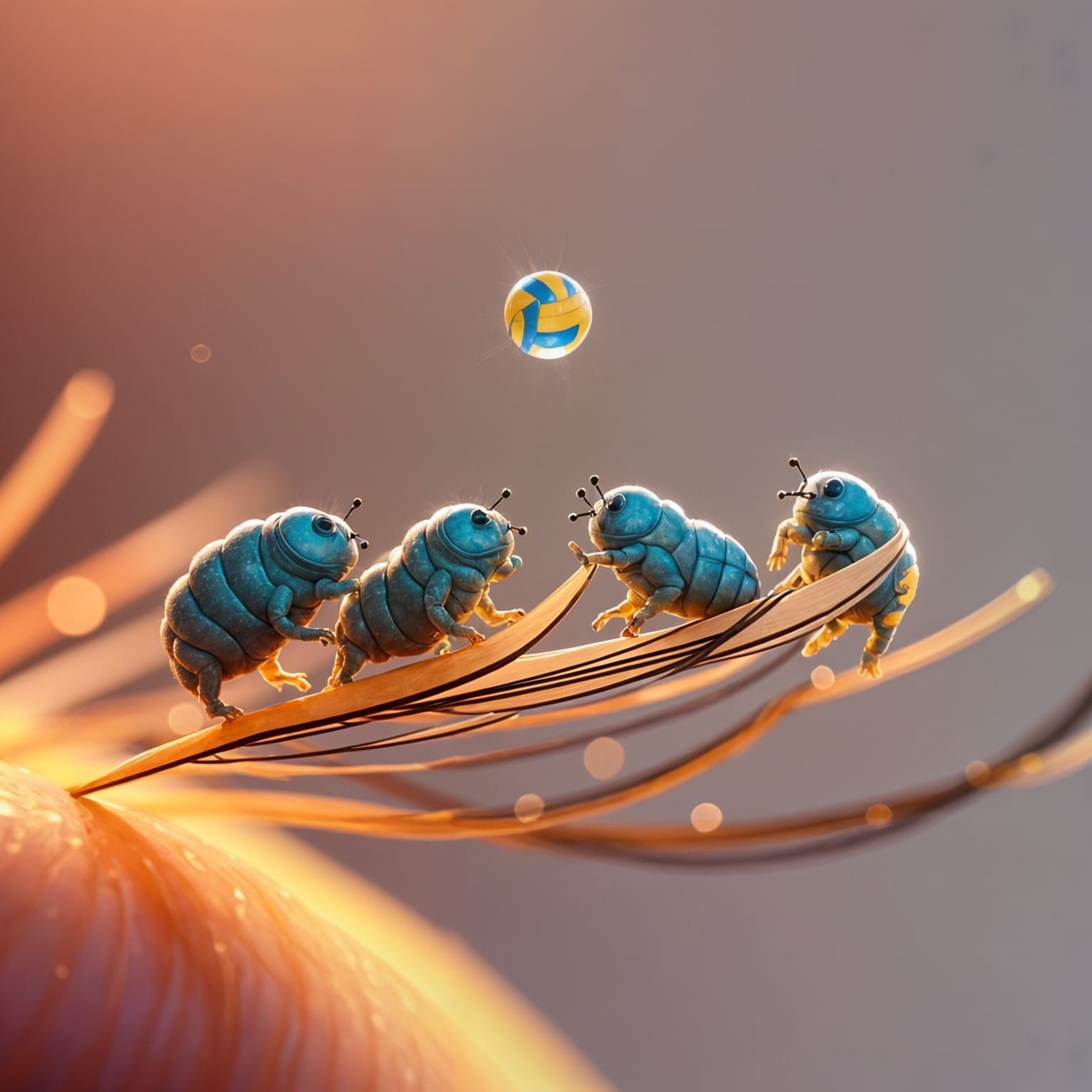 Tiny Tardigrade Volleyball Players in Whimsical Scene