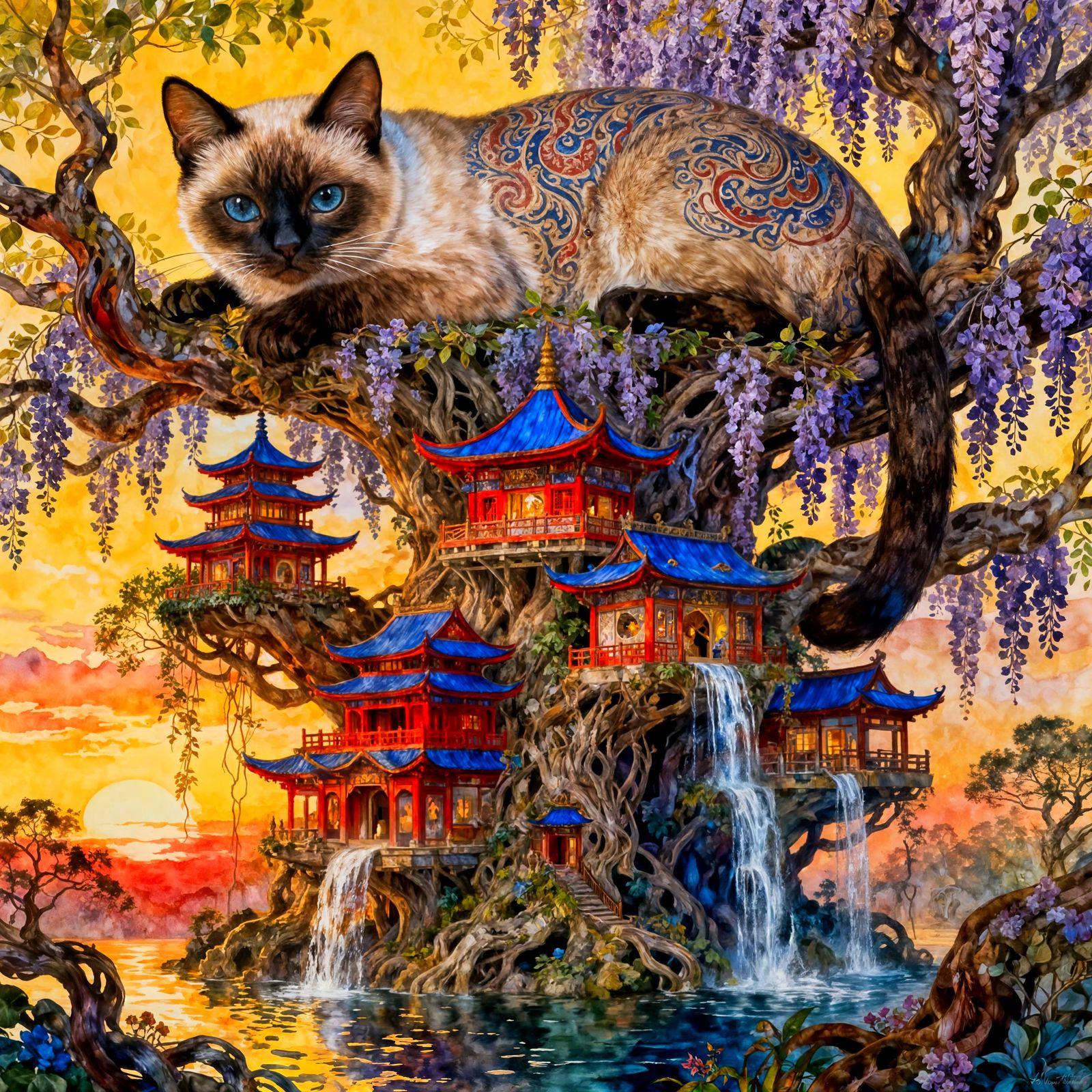 Majestic Siamese Cat in Pagoda Treehouse, Oil on Canvas