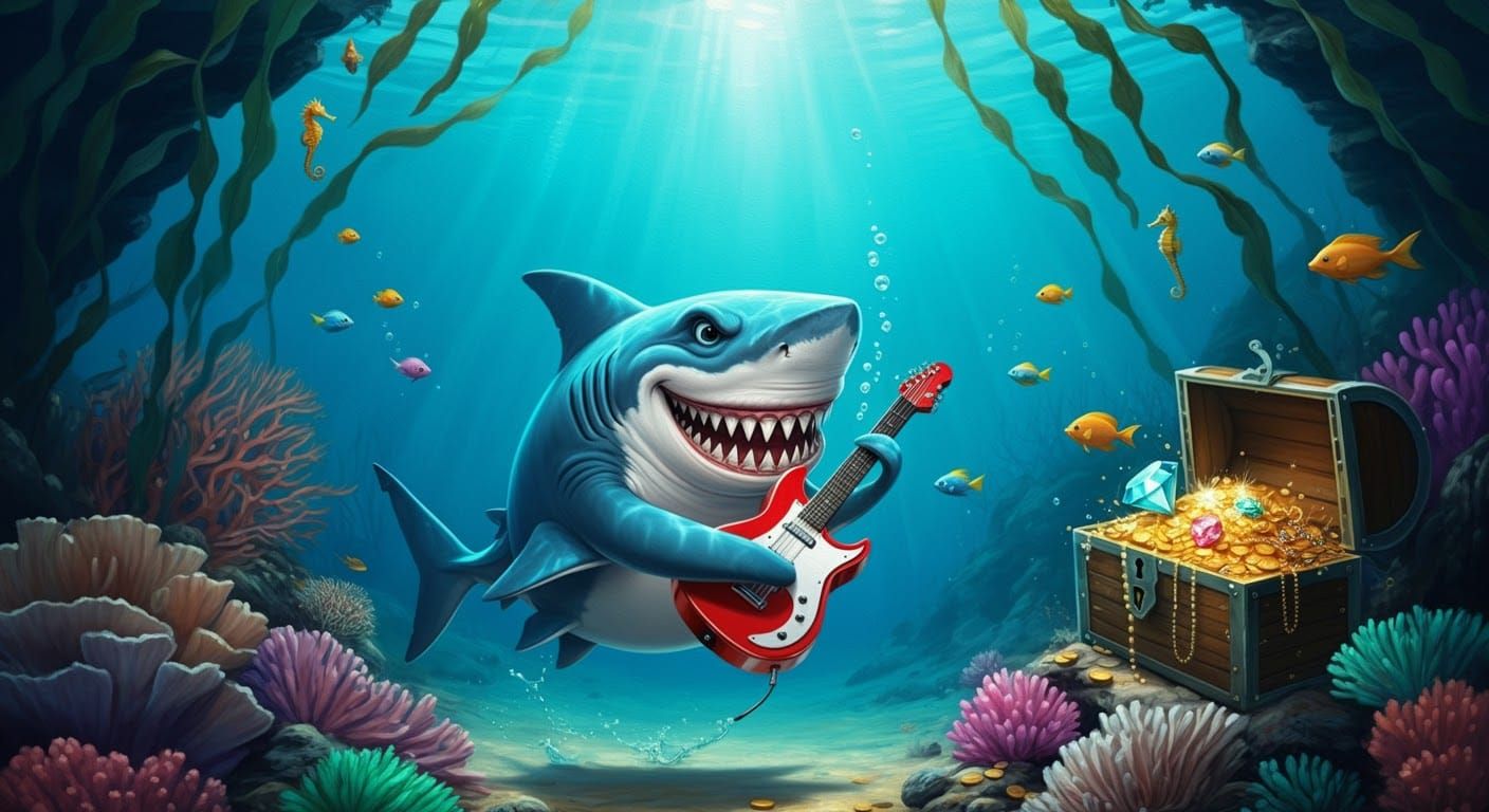 Shark Plays Guitar Underwater in Expressionist Style