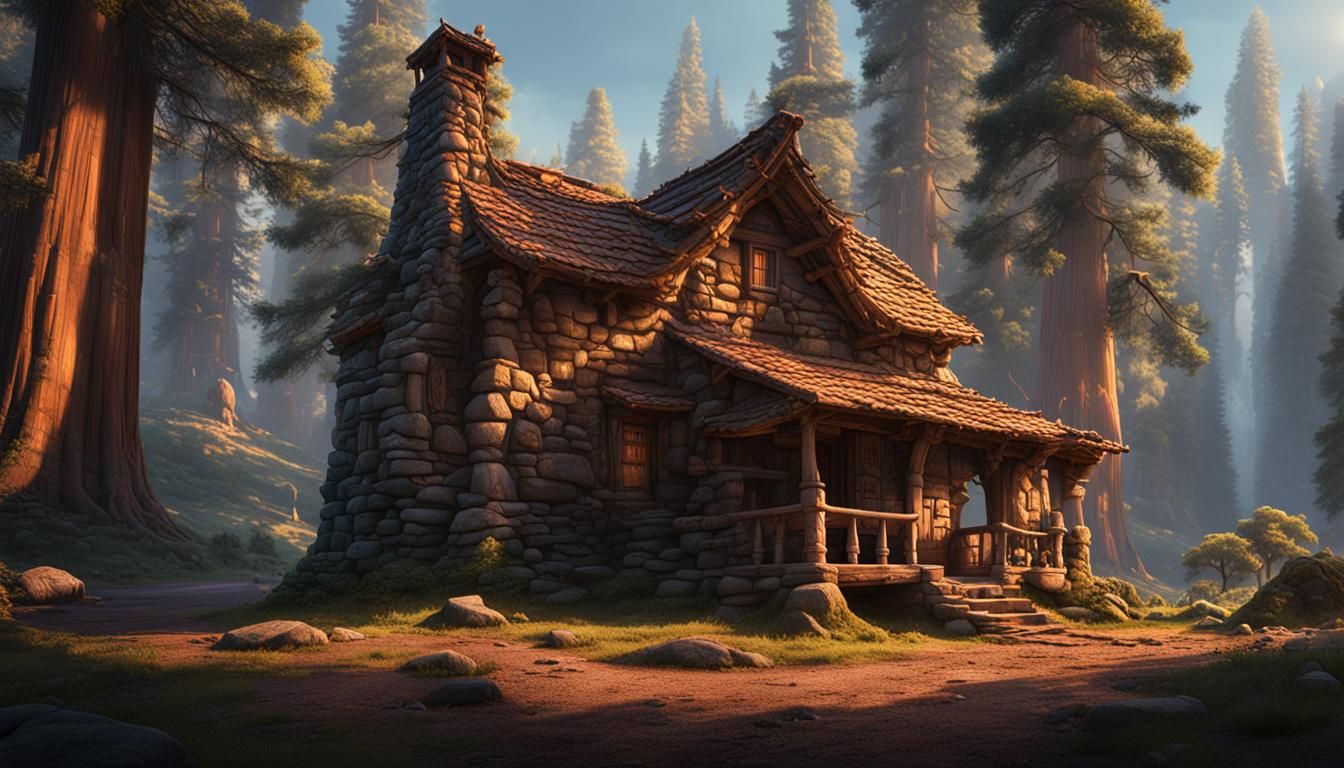 Stone Cabin Beneath Giant Sequoias: Fantasy Concept Art