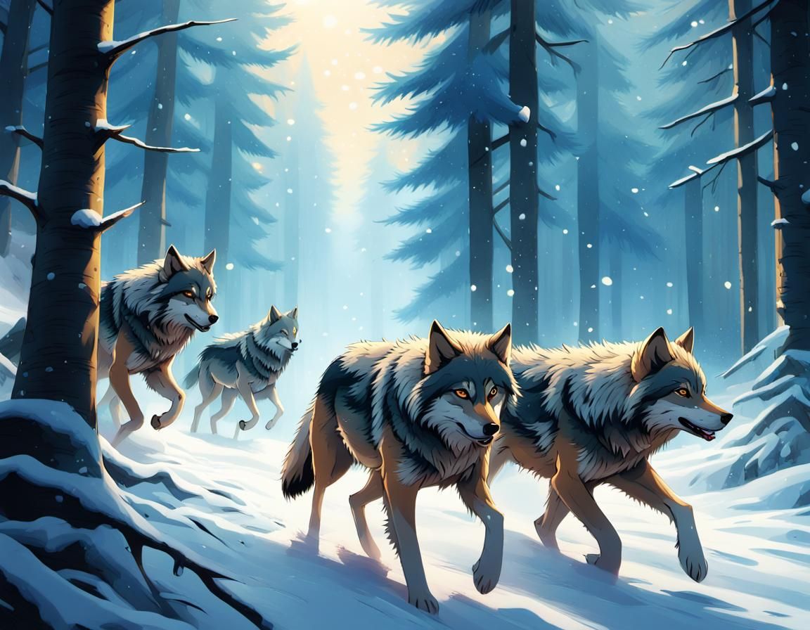 Wolves in Snowy Forest: Anime-Inspired Art