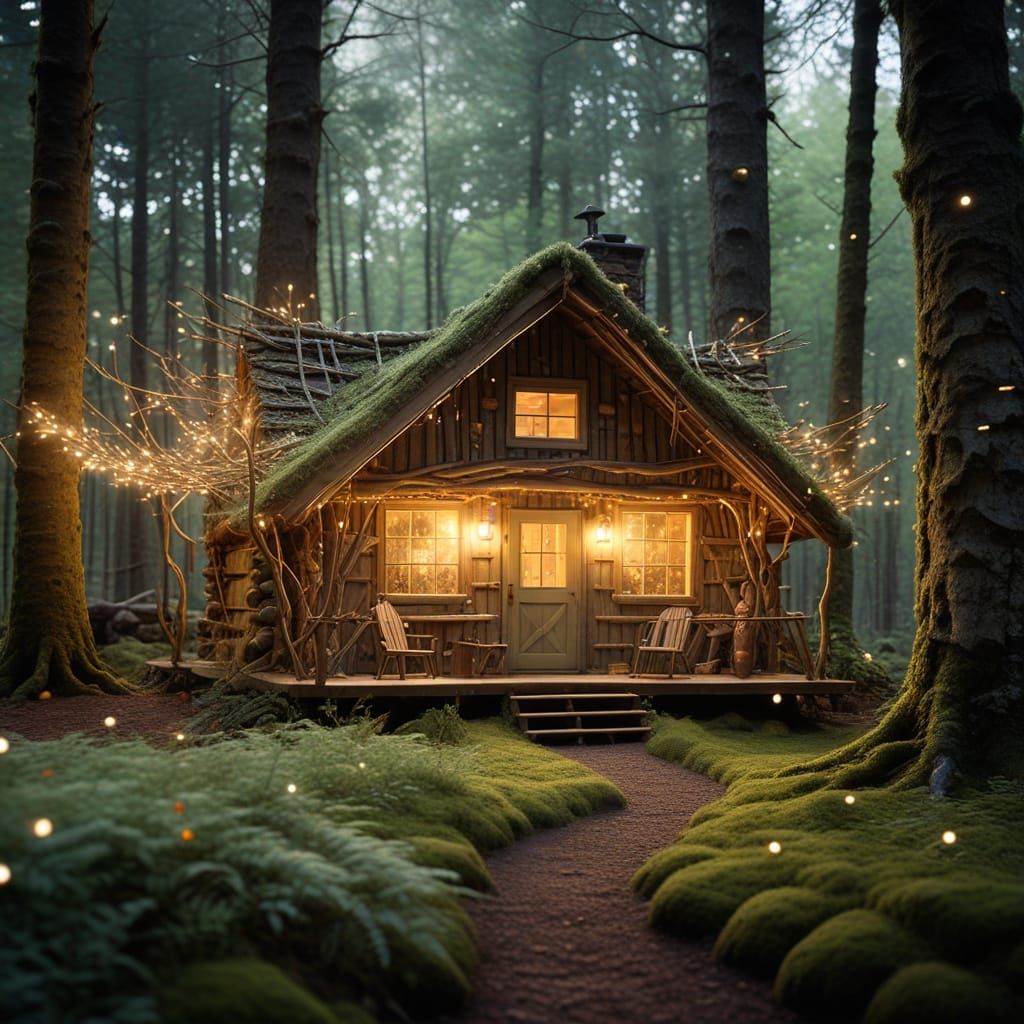 Ethereal Forest Cabin in Watercolor Folk Art Style