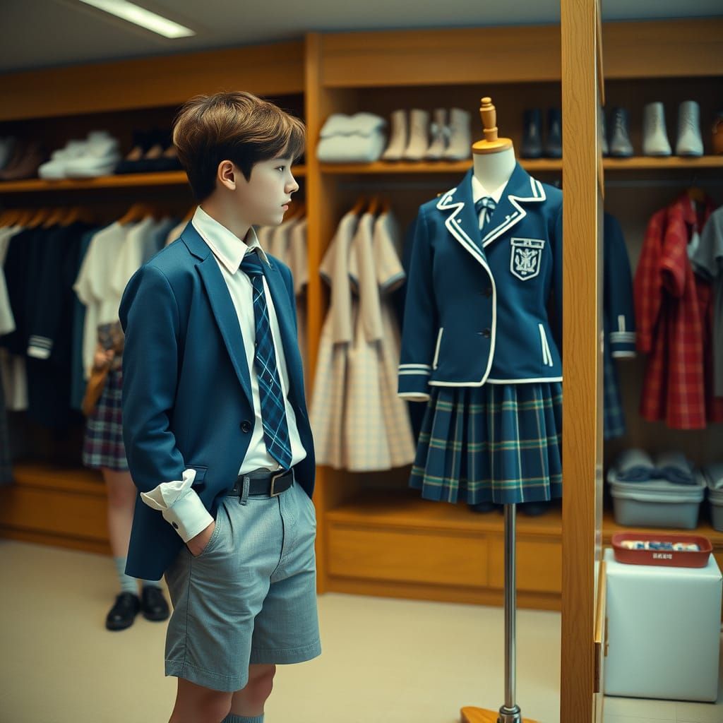 Man Gazes at School Uniform, Cinematic Style