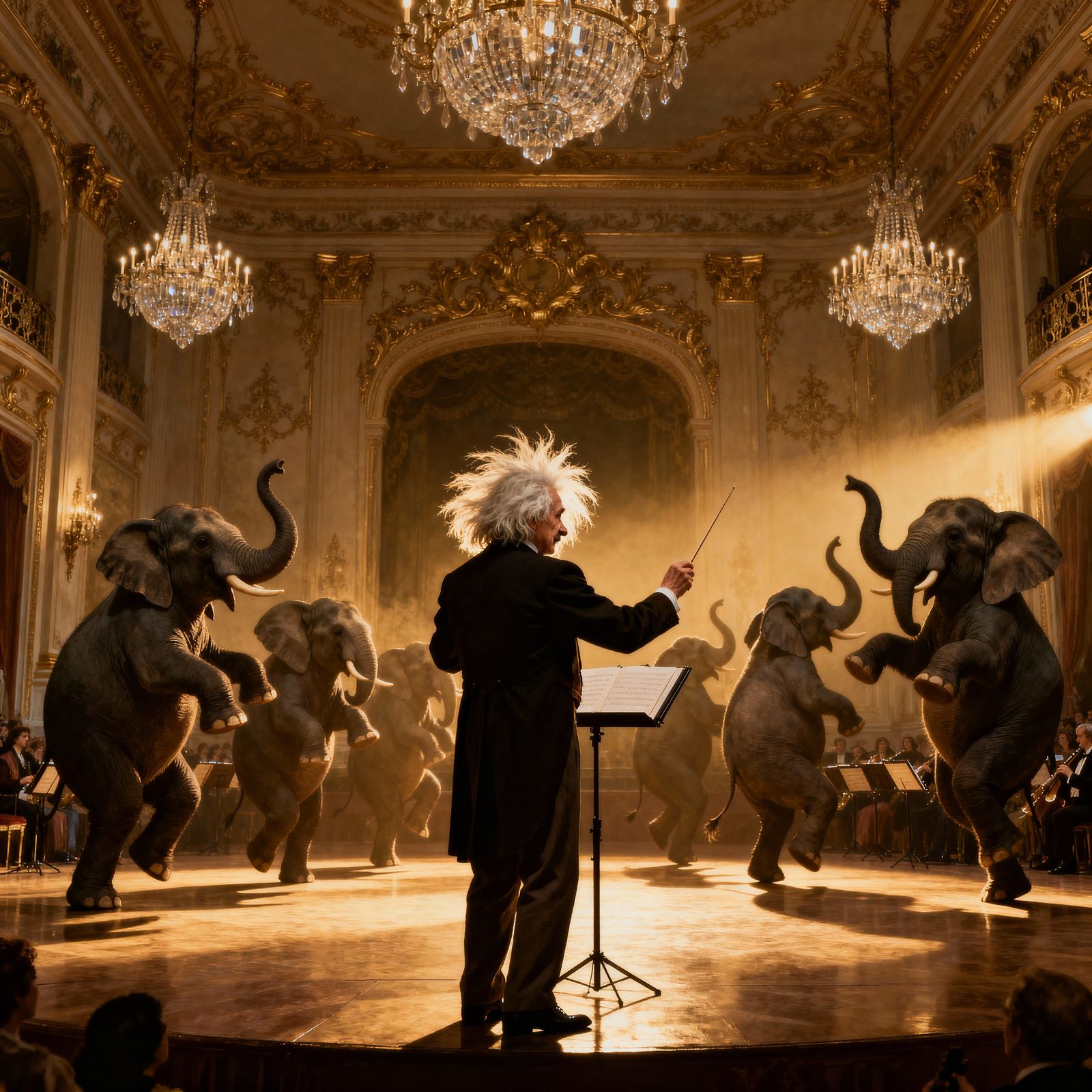 Einstein Conducts Dancing Elephants in Rococo Ballroom