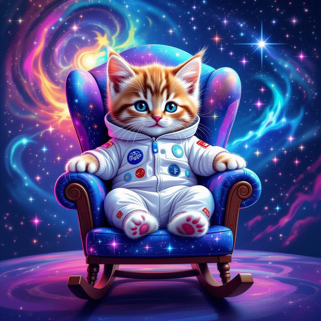 Kitten in Galactic Rocking Chair, Mixed Media Illustration