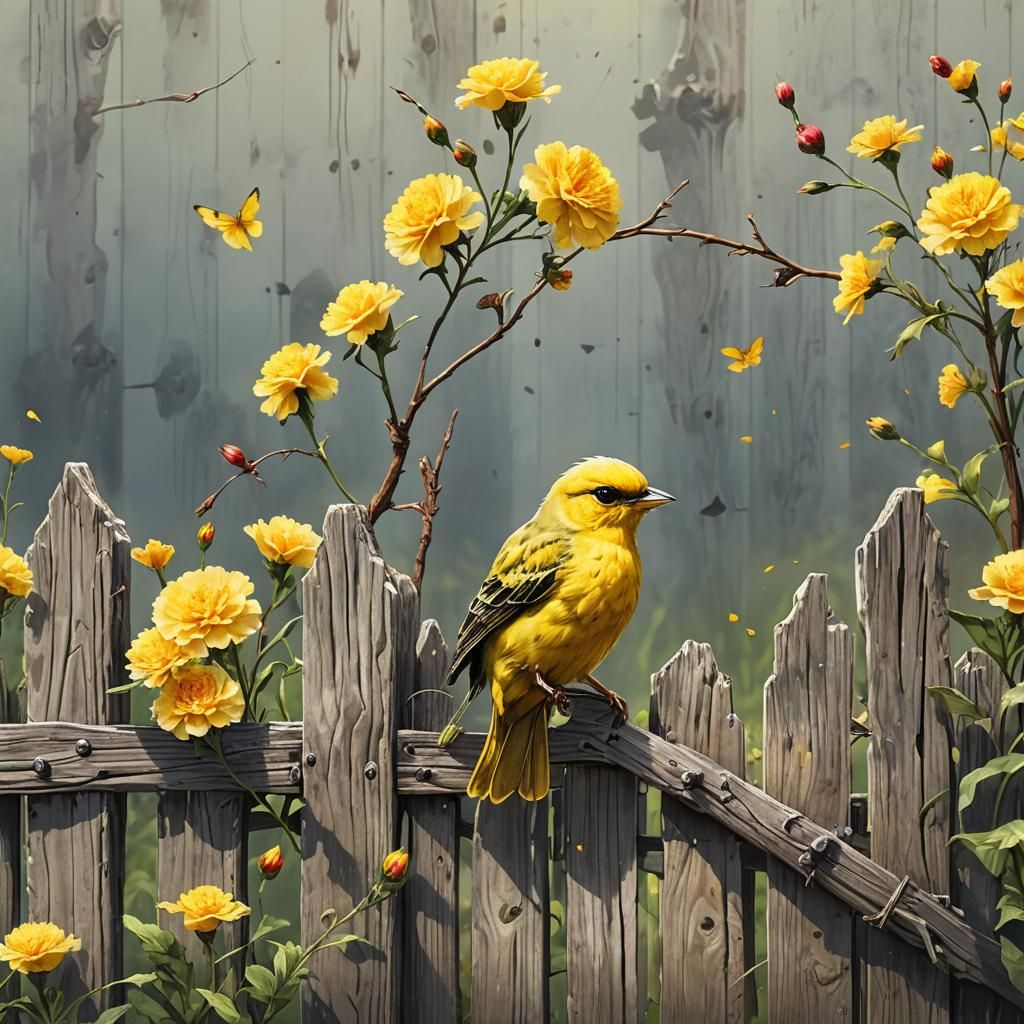 Vivid Watercolor: Yellow Bird on Weathered Fence