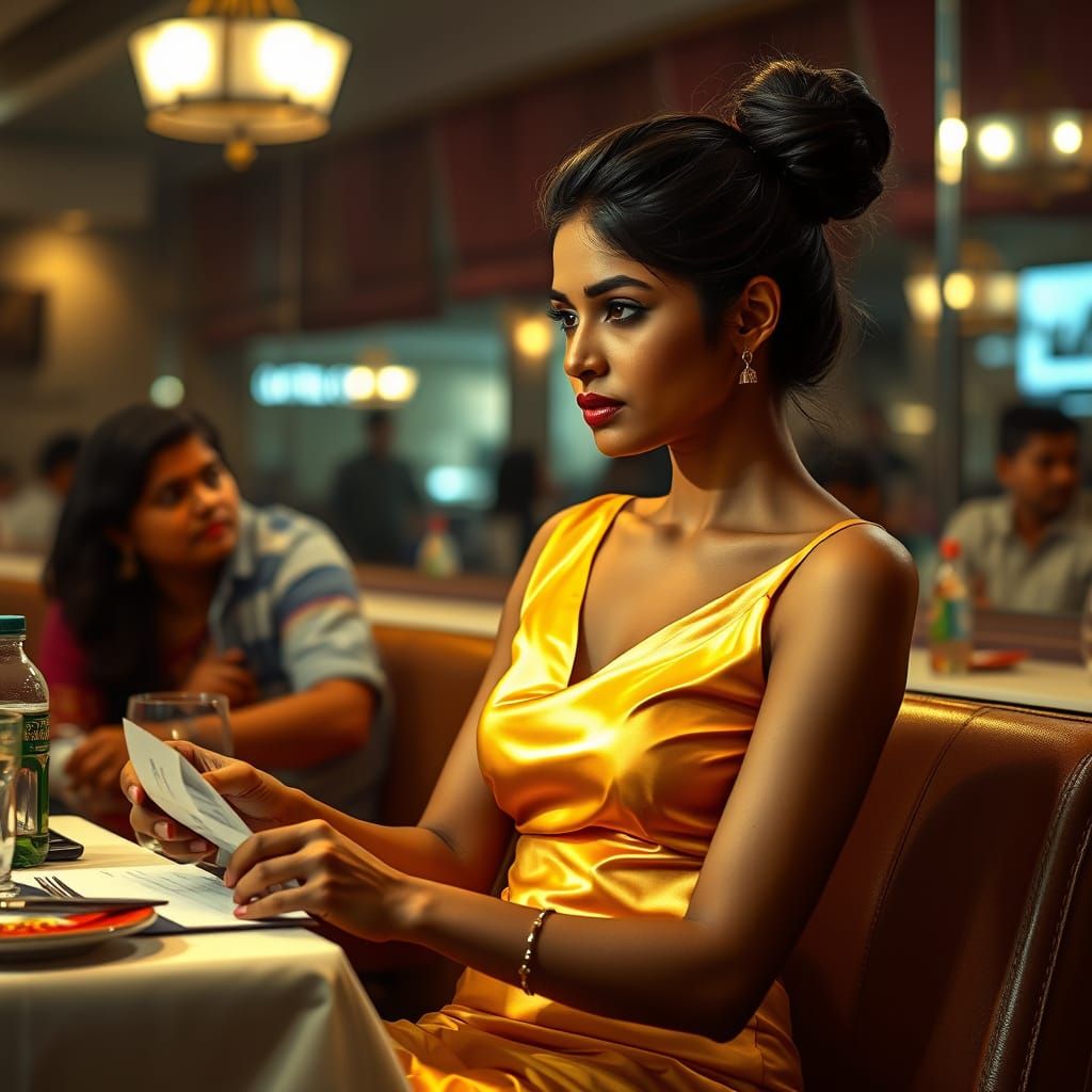 Stunning Indian Woman in Yellow Silk in Dramatic Restaurant ...