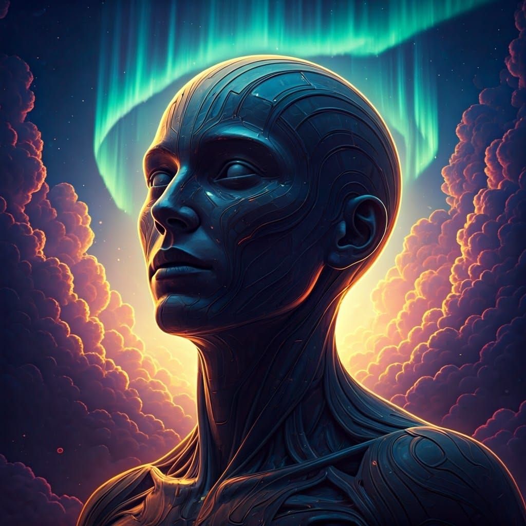 Humanoid Figure in Aurora Borealis Vortex