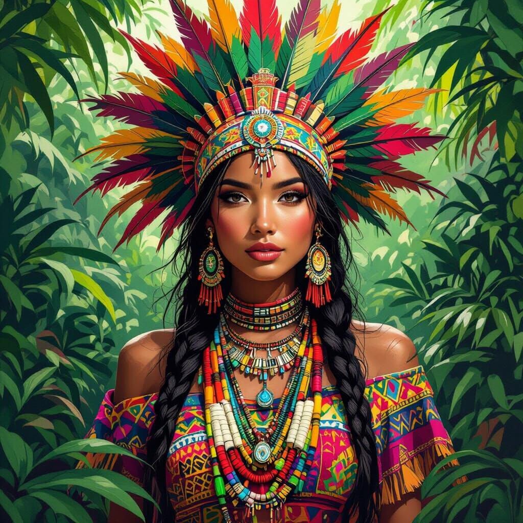 Amazonian Woman in Lush Jungle, Digital Art