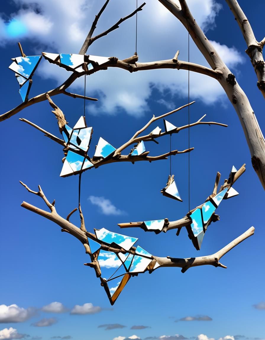 Driftwood and Mirror Sculpture Reflects Fragmented Sky