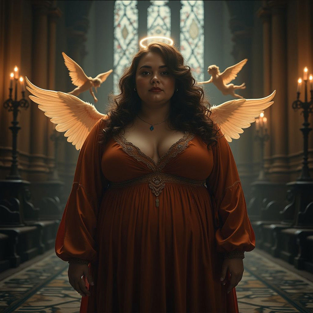 Angelic Encounter: Brunette in Dark Church Setting