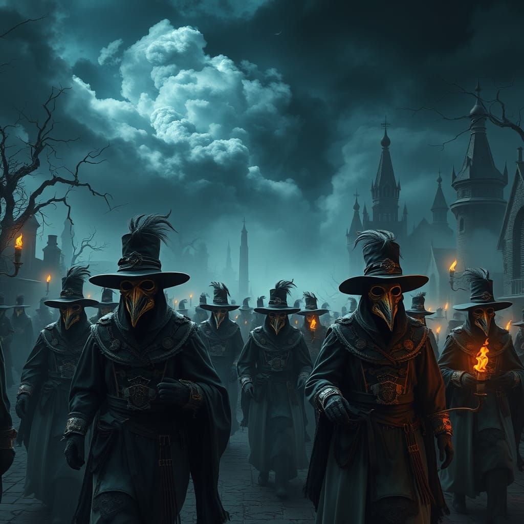 Victorian Plague Doctors Procession in Dark Surrealist Style