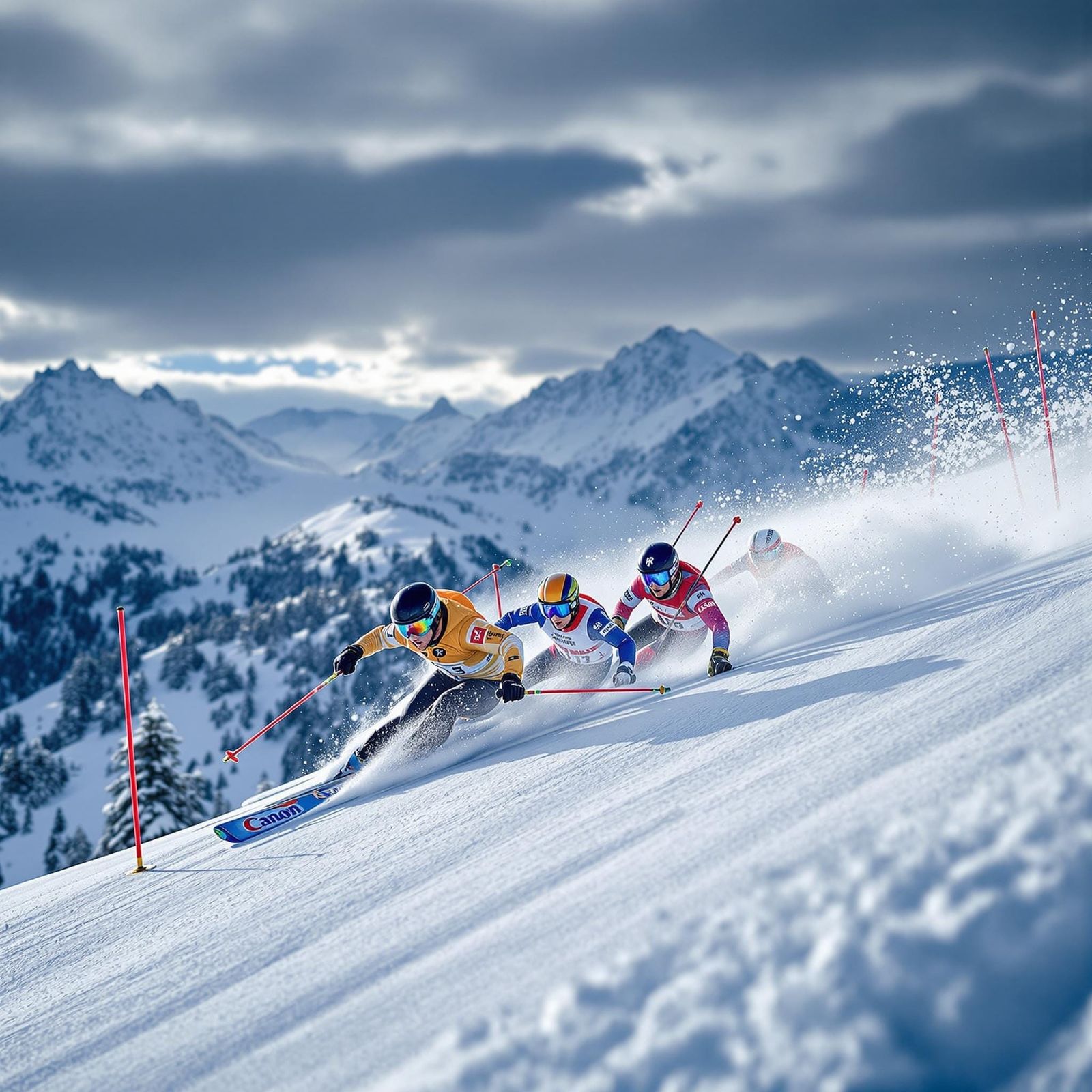 Ski Race in Action: Professional Skiers on Snowy Slope