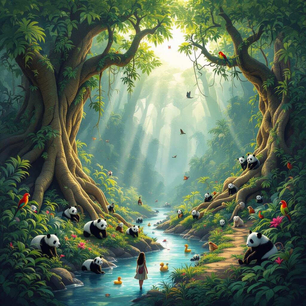 Enchanted Rainforest with Miniature Elephants and Magical Cr...