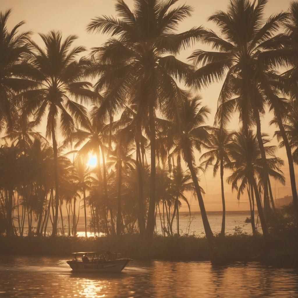 Sunset Boat at Palm Tree Shore: Cinematic Film Still