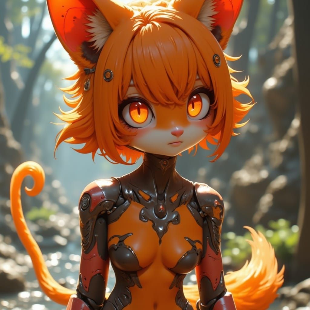 Cyberpunk Catgirl with Orange Hair and Eyes