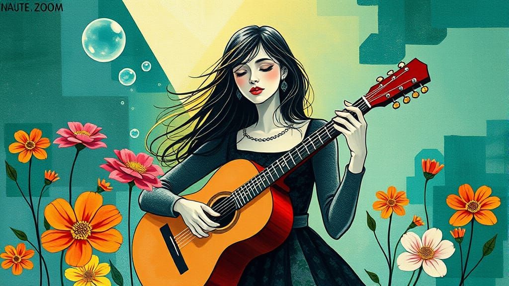 Abstract Cubist Supergirl with Guitar and Flowers