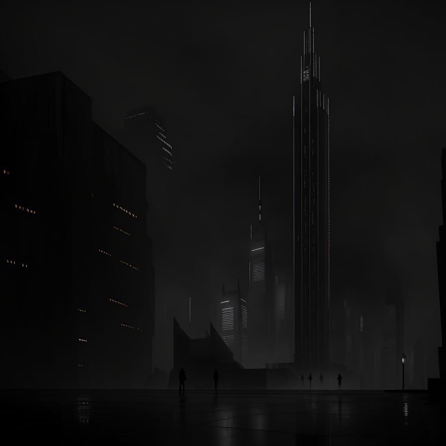 Film Noir Monument in Futuristic Cityscape