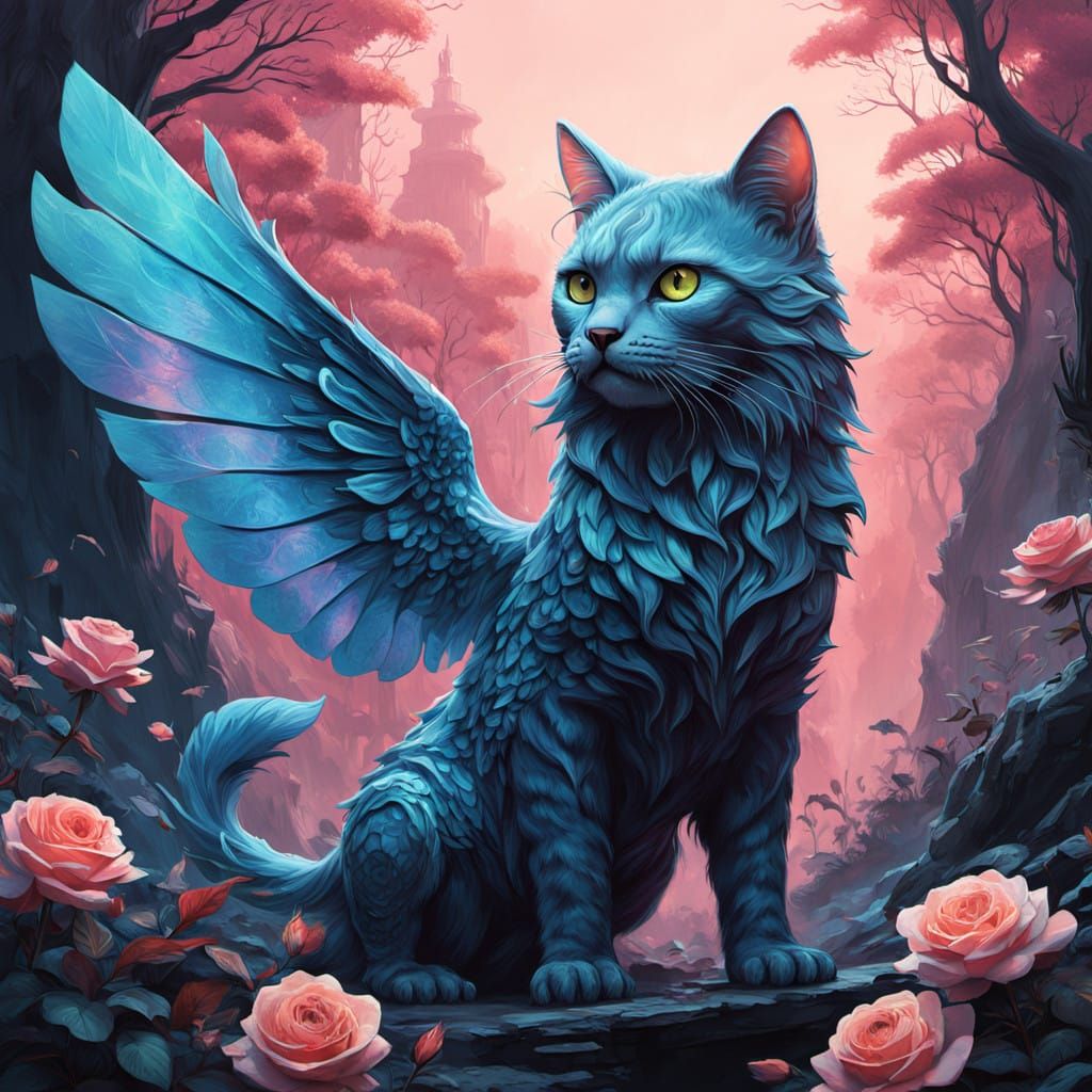 Surreal Fantasy Catfish Soars Through Rose Forest Pursued by...