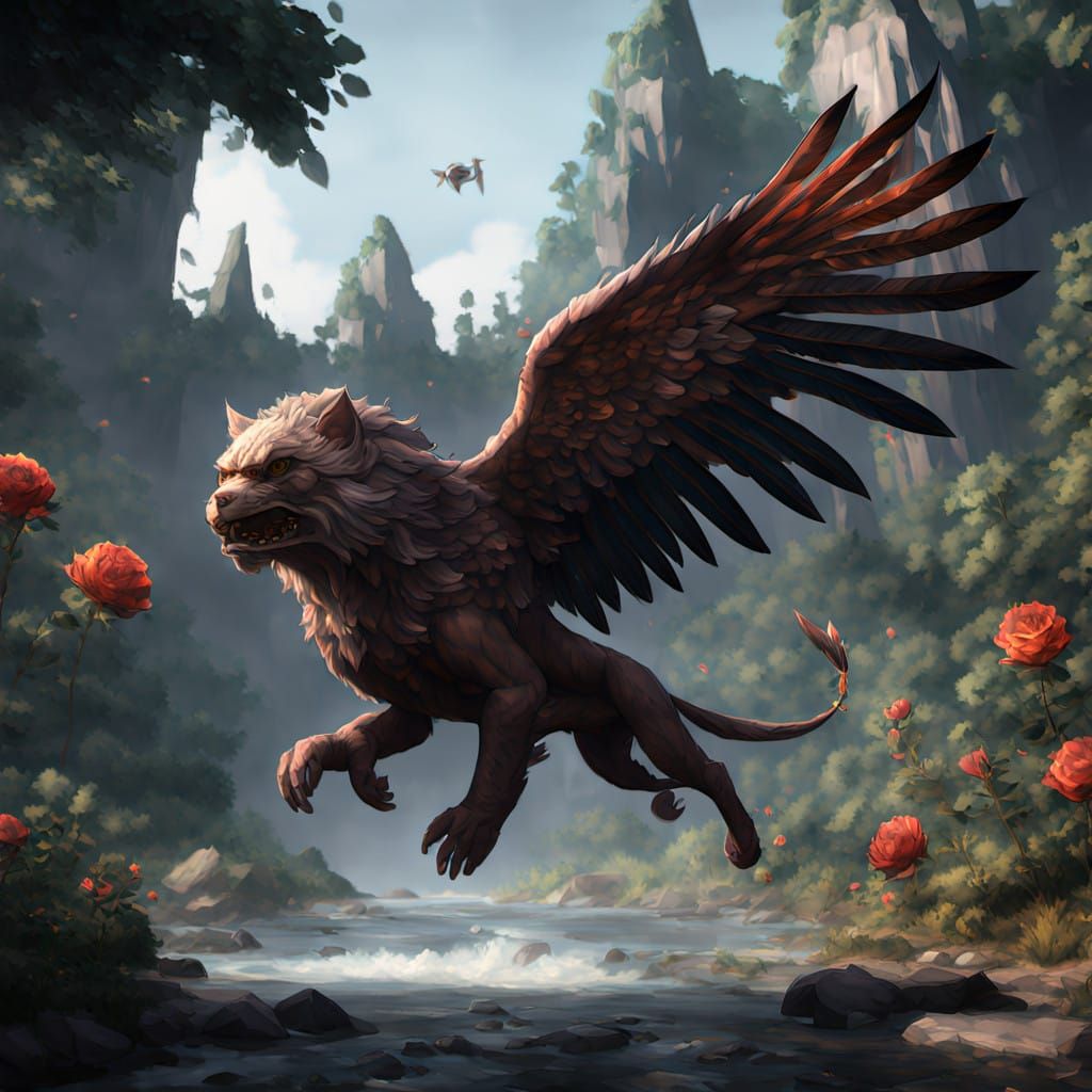 Hyperrealistic Feline-Fish Soars Through Vibrant Rose Forest