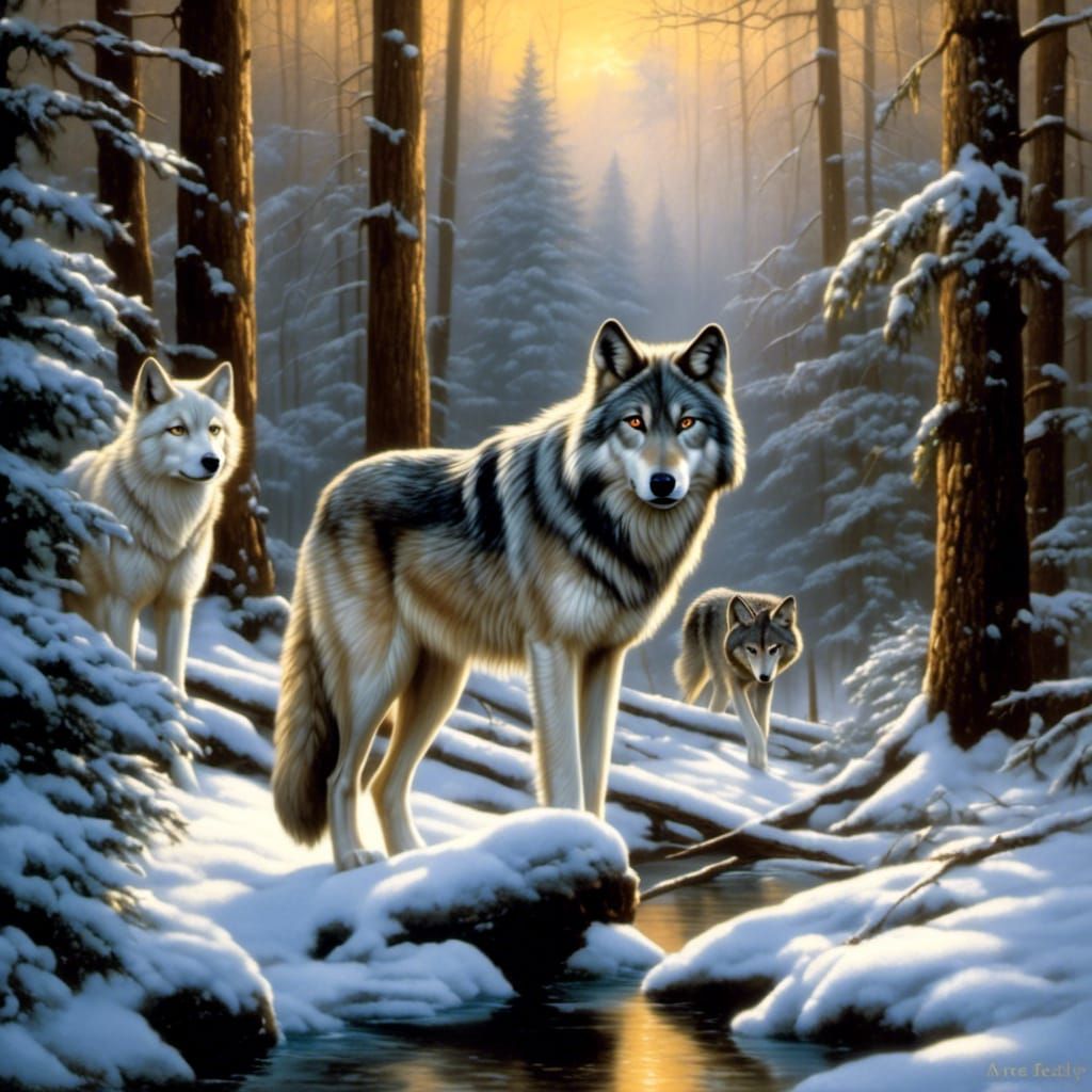 Two Gray Wolves in Fantasy Art Style