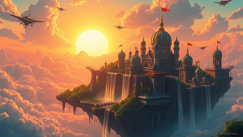 Floating Island City at Sunset in Ghibli Style