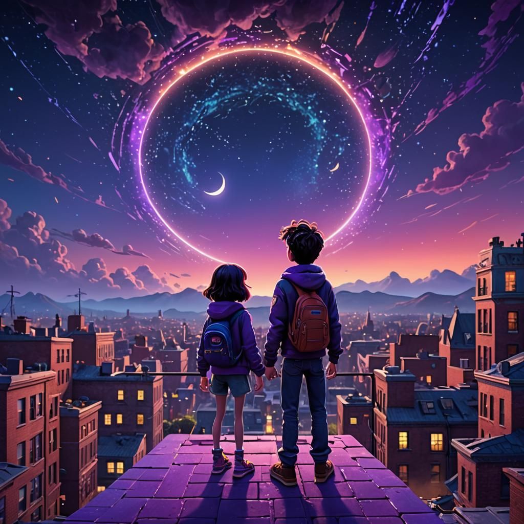 Pixar-Style Portal Over City Rooftop