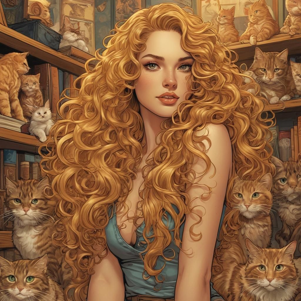Golden Haired Woman with Cats, Comic Book Art