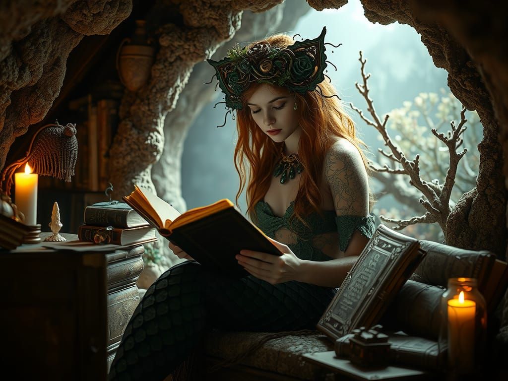 Enchanted Mermaid Witch in Pre-Raphaelite Style