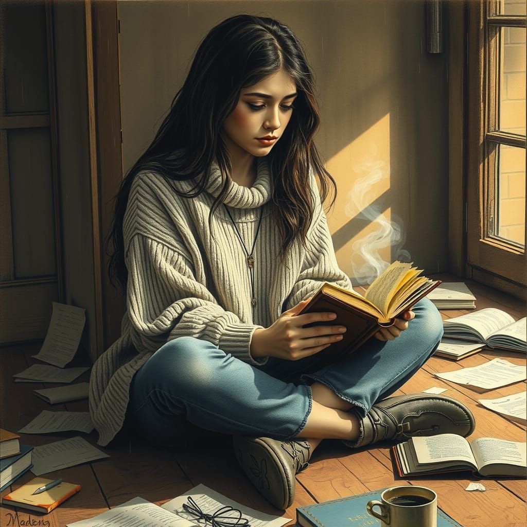 Melancholic Young Woman Finds Comfort in Book and Coffee
