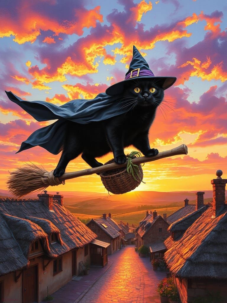 Mystical Feline soars Above a Whimsical Village in a Neo-Imp...