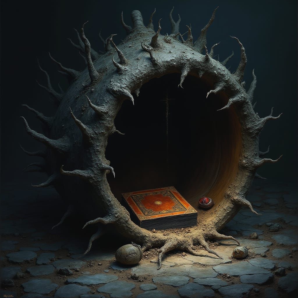 Forbidden Tome in a Dark, Mystical Cave
