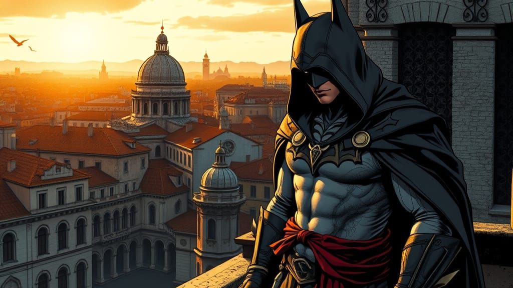Renaissance Assassin on Venetian Rooftop in Dramatic Lightin...
