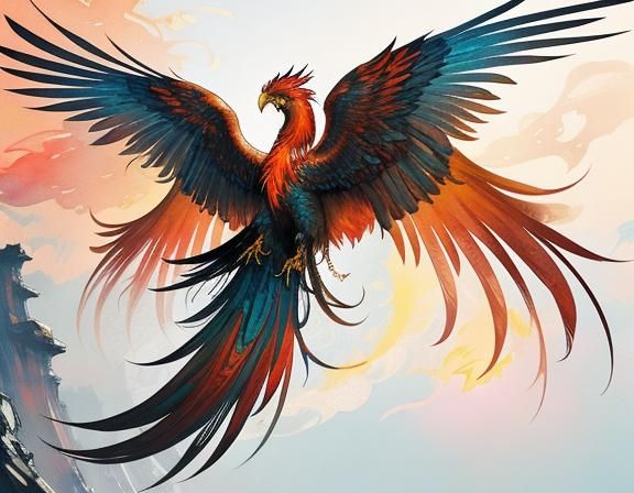 Colorful Chinese Phoenix Digital Watercolor Illustration
