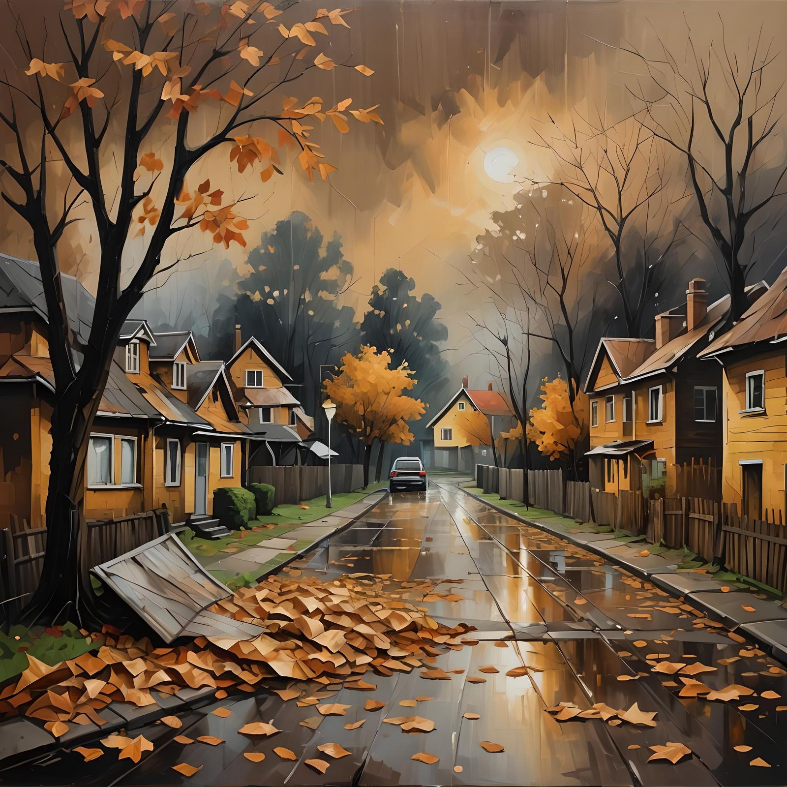 Ominous Abandoned Suburb in an Oil Painting Style