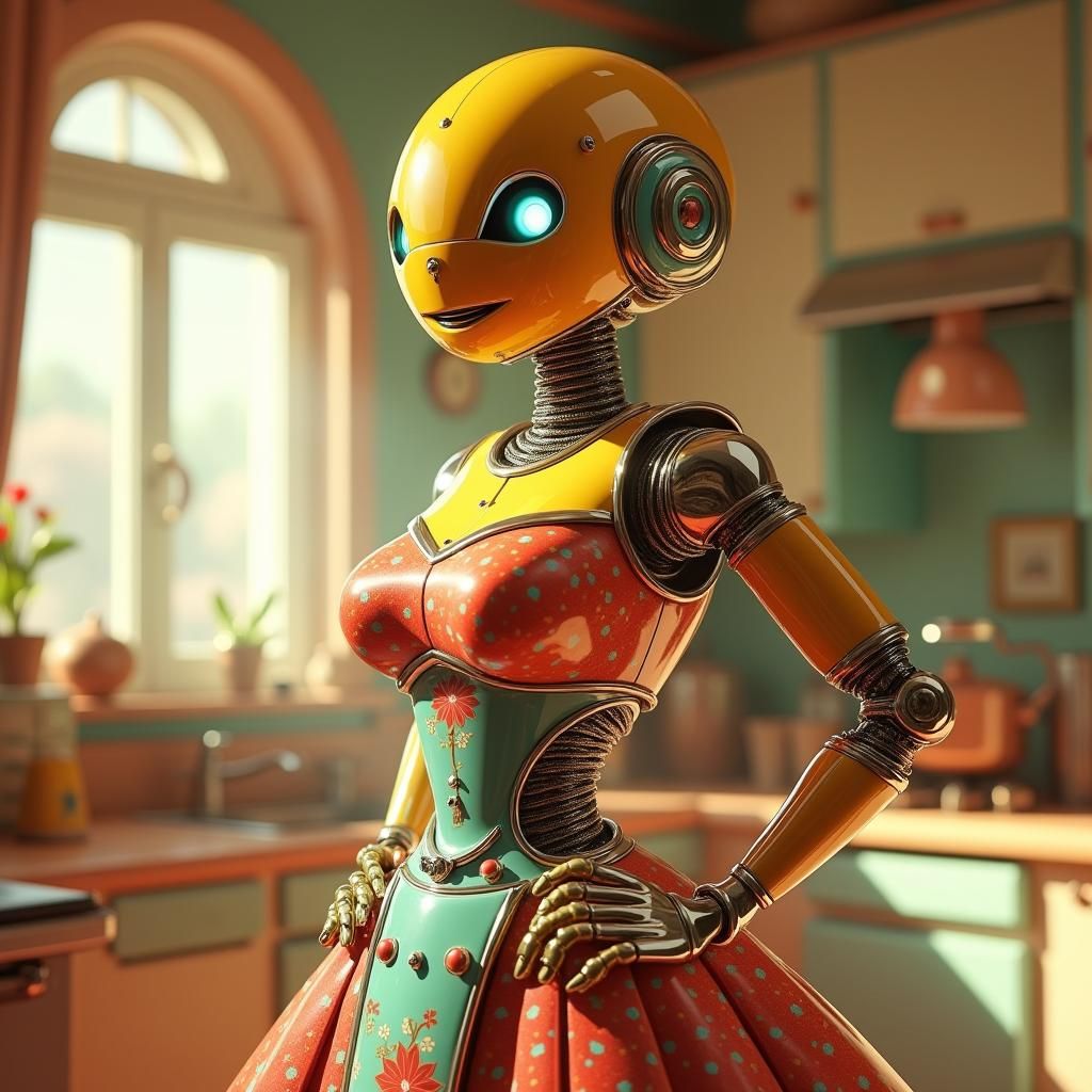 Robot Housewife in Retro Kitchen, Syd Mead Style