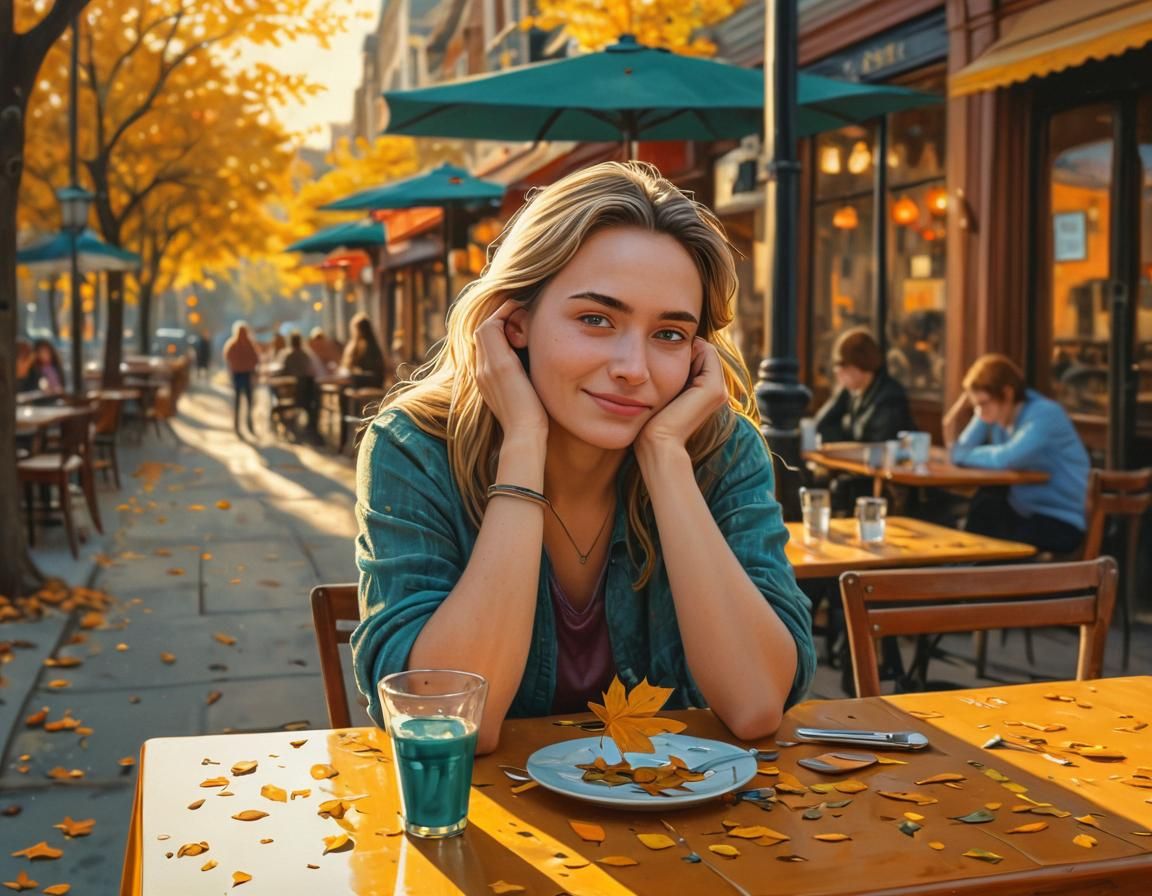 Sad Woman in Cafe with Girl, Visionary Art