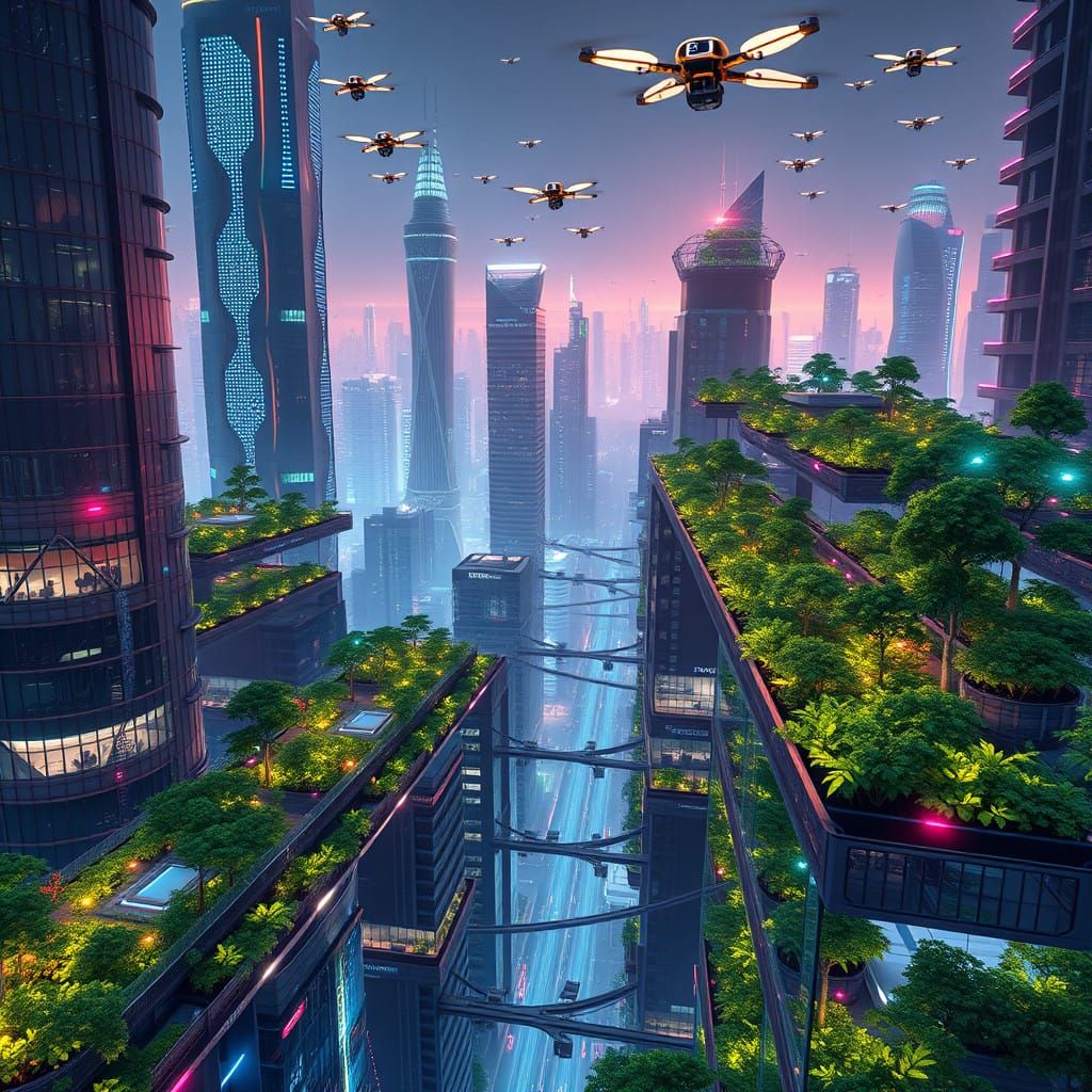 Sleek Futuristic Metropolis with Vertical Gardens and Solar-...