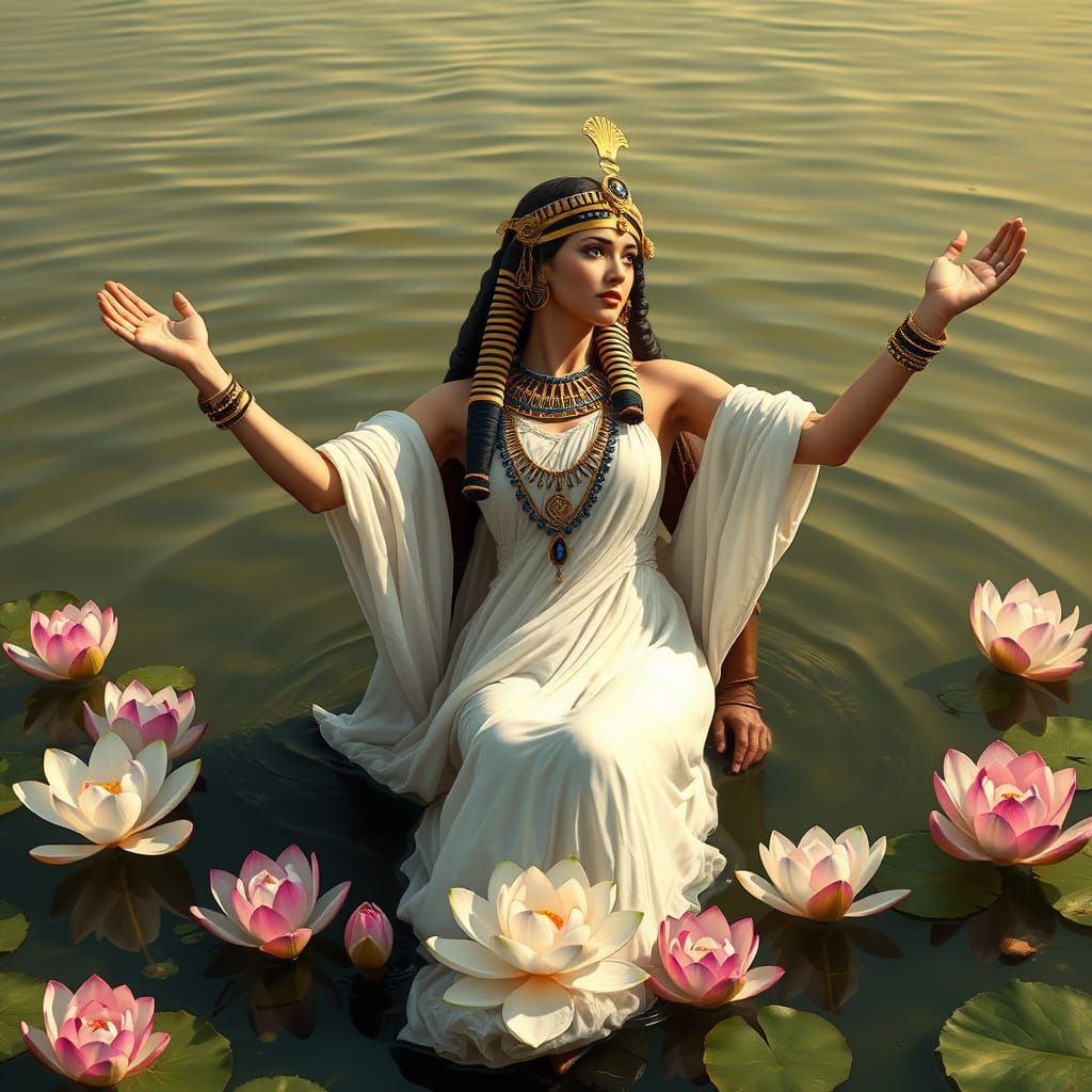 Egyptian Queen in Golden Headdress Floating on Nile River